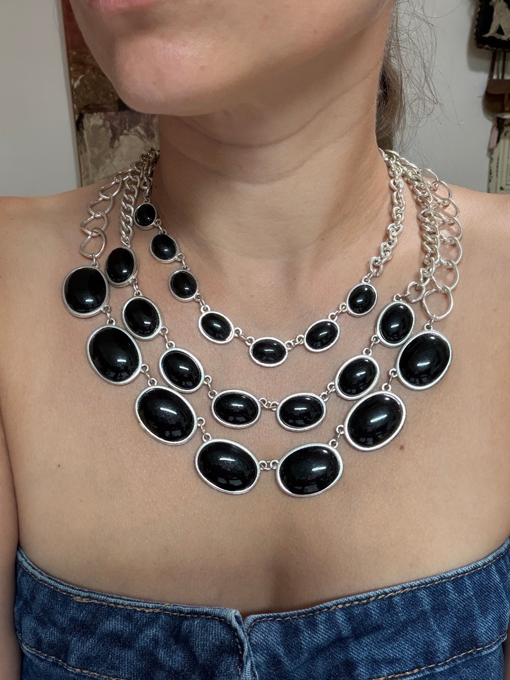Vintage Y2K Black Cabochon Multi Strand Statement Necklace Adjustable Goth Boho